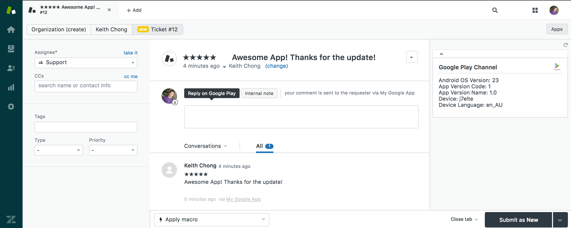 Google Play Reviews dashboard view — Surveys and Reviews app on the Zendesk Marketplace